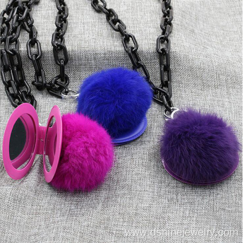 Rabbit Fur Ball POM POM Mirror Keychain Long Chain Necklace